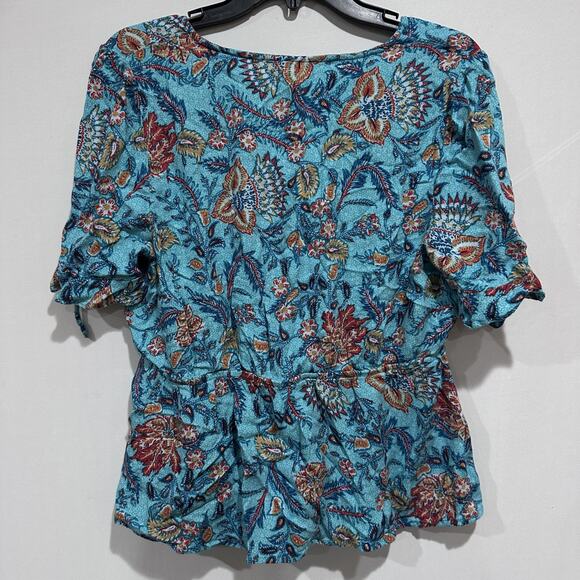 Maurices Shirt Womens XL Blue Green Floral Faux Wrap Peplum Boho Rayon Top - Picture 2 of 7